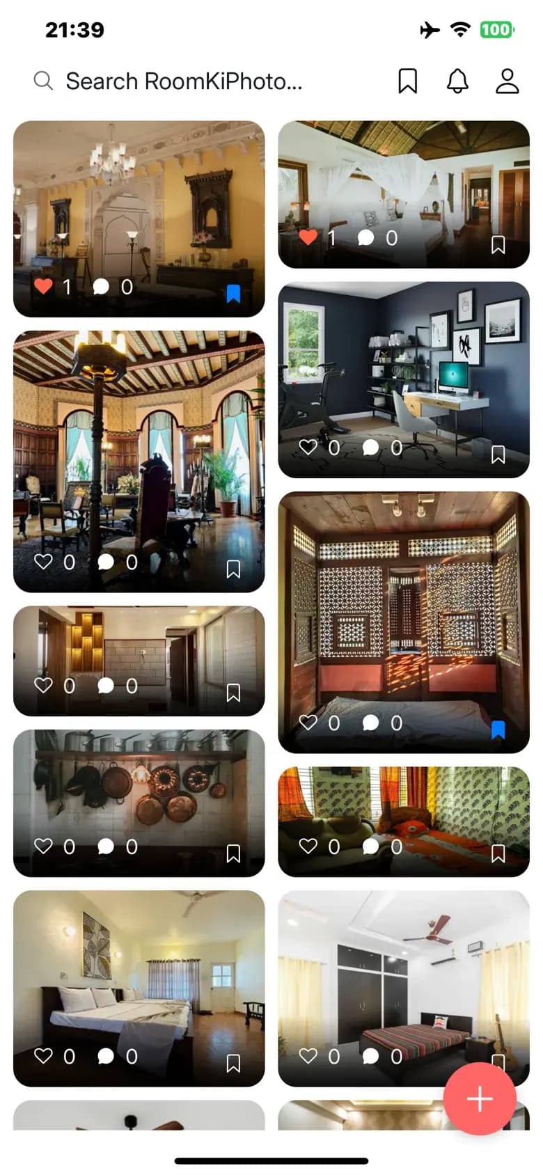 RoomKiPhoto iPhone app: search, a two-column room photo feed, likes, comments, bookmarks, and the create-post button.